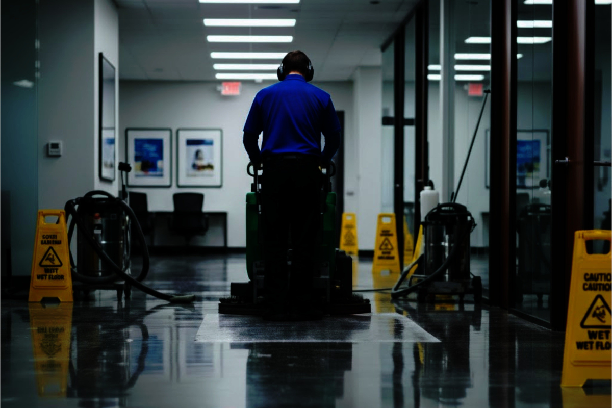 Commercial cleaning technician performing professional floor care in an office corridor with proper wet floor safety signage in place.